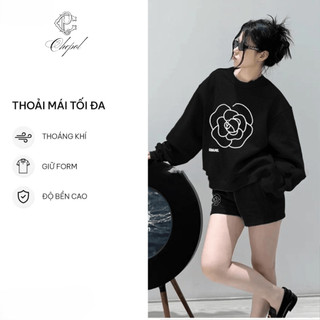 Set Bộ Nỉ Nữ Thu Đông CHEPOL Cổ Tròn, In Bông Hoa, Chất Nỉ Chân Cua Cao Cấp ( Áo Sweater Đen + Quần Đùi Đen ) - CP_xx295
