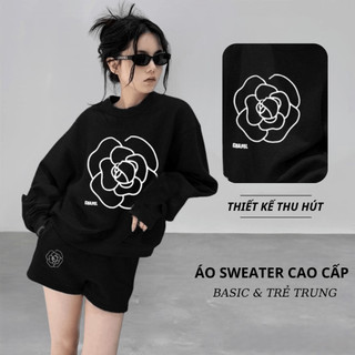 Set Bộ Nỉ Nữ Thu Đông CHEPOL Cổ Tròn, In Bông Hoa, Chất Nỉ Chân Cua Cao Cấp ( Áo Sweater Đen + Quần Đùi Đen ) - CP_xx295