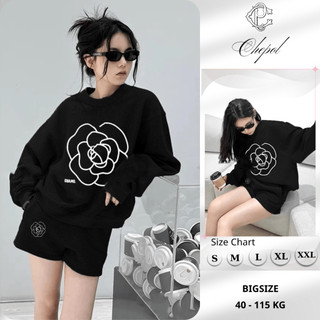 Set Bộ Nỉ Nữ Thu Đông CHEPOL Cổ Tròn, In Bông Hoa, Chất Nỉ Chân Cua Cao Cấp ( Áo Sweater Đen + Quần Đùi Đen ) - CP_xx295
