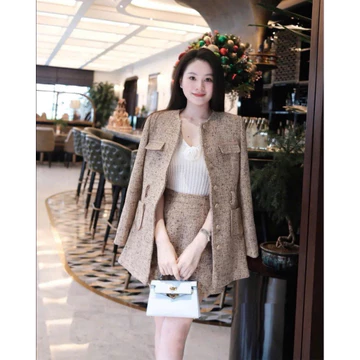 Set Dạ Tweed Nâu Tiêu Nữ Đính Tay Lôngg Vũ Cổ Đính Kết Hoa Siêu Xinh Váy Dạ Nữ Đi Chơi Dự Tiệc Mặc Tết Siêu Xinh