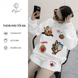 Set Bộ Nỉ Nữ Thu Đông CHEPOL Cổ Tròn, In Hoạ Hình, Chất Nỉ Chân Cua Cao Cấp (Áo Sweater Trắng + Quần Đùi Trắng)-CP_xx994