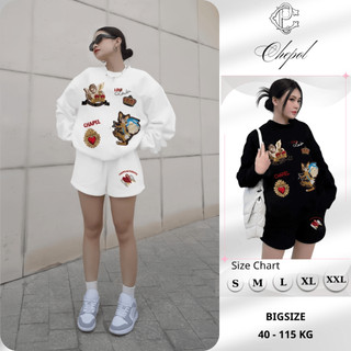Set Bộ Nỉ Nữ Thu Đông CHEPOL Cổ Tròn, In Hoạ Hình, Chất Nỉ Chân Cua Cao Cấp (Áo Sweater Trắng + Quần Đùi Trắng)-CP_xx994