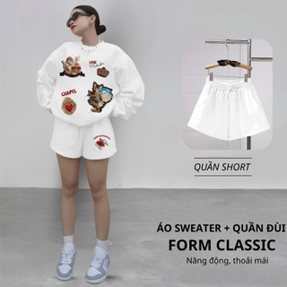 Set Bộ Nỉ Nữ Thu Đông CHEPOL Cổ Tròn, In Hoạ Hình, Chất Nỉ Chân Cua Cao Cấp (Áo Sweater Trắng + Quần Đùi Trắng)-CP_xx994