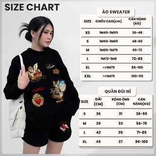 Set Bộ Nỉ Nữ Thu Đông CHEPOL Cổ Tròn, In Hoạ Hình, Chất Nỉ Chân Cua Cao Cấp (Áo Sweater Trắng + Quần Đùi Trắng)-CP_xx994