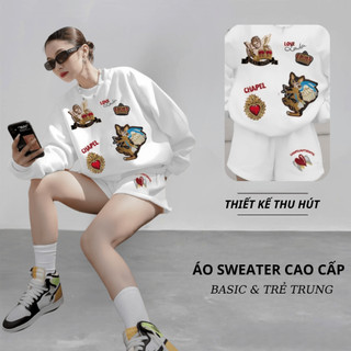 Set Bộ Nỉ Nữ Thu Đông CHEPOL Cổ Tròn, In Hoạ Hình, Chất Nỉ Chân Cua Cao Cấp (Áo Sweater Trắng + Quần Đùi Trắng)-CP_xx994