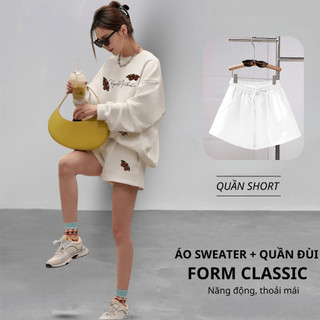 Set Bộ Nỉ Nữ Thu Đông CHEPOL Cổ Tròn, In Bướm Xinh, Chất Nỉ Chân Cua Cao Cấp ( Áo Sweater Trắng + Quần Đùi Trắng )-CPN78