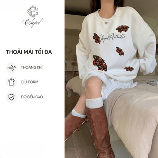 Set Bộ Nỉ Nữ Thu Đông CHEPOL Cổ Tròn, In Bướm Xinh, Chất Nỉ Chân Cua Cao Cấp ( Áo Sweater Trắng + Quần Đùi Trắng )-CPN78