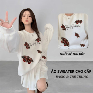 Set Bộ Nỉ Nữ Thu Đông CHEPOL Cổ Tròn, In Bướm Xinh, Chất Nỉ Chân Cua Cao Cấp ( Áo Sweater Trắng + Quần Đùi Trắng )-CPN78