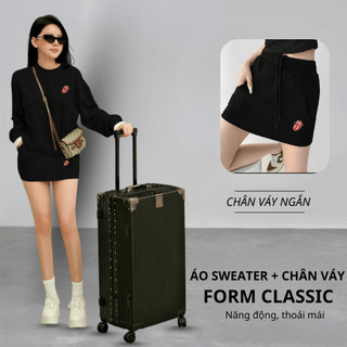 Set Bộ Nỉ Nữ Thu Đông CHEPOL Cổ Tròn, In Họa Tiết, Chất Nỉ Chân Cua Cao Cấp ( Áo Sweater Đen + Chân Váy Đen ) - CP_16294