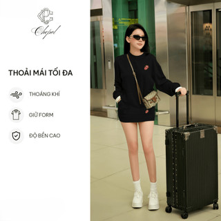 Set Bộ Nỉ Nữ Thu Đông CHEPOL Cổ Tròn, In Họa Tiết, Chất Nỉ Chân Cua Cao Cấp ( Áo Sweater Đen + Chân Váy Đen ) - CP_16294