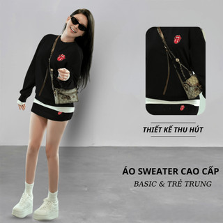 Set Bộ Nỉ Nữ Thu Đông CHEPOL Cổ Tròn, In Họa Tiết, Chất Nỉ Chân Cua Cao Cấp ( Áo Sweater Đen + Chân Váy Đen ) - CP_16294