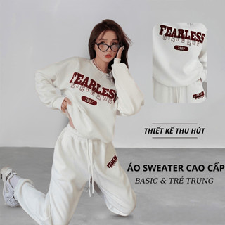 Set Bộ Nỉ Nữ Thu Đông CHEPOL Cổ Tròn, In Chữ, Chất Nỉ Chân Cua Cao Cấp ( Áo Sweater Trắng + Quần Dài Trắng ) - CP_14445