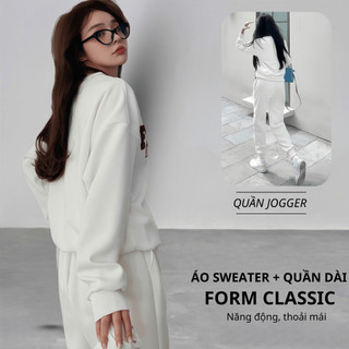 Set Bộ Nỉ Nữ Thu Đông CHEPOL Cổ Tròn, In Chữ, Chất Nỉ Chân Cua Cao Cấp ( Áo Sweater Trắng + Quần Dài Trắng ) - CP_14445