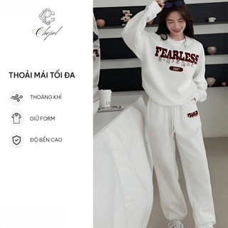 Set Bộ Nỉ Nữ Thu Đông CHEPOL Cổ Tròn, In Chữ, Chất Nỉ Chân Cua Cao Cấp ( Áo Sweater Trắng + Quần Dài Trắng ) - CP_14445