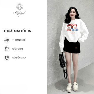 Set Bộ Nỉ Nữ Thu Đông CHEPOL Cổ Tròn, In Chữ, Chất Nỉ Chân Cua Cao Cấp, Dày Dặn(Áo Sweater Trắng + Chân Váy Đen)CP_xx556
