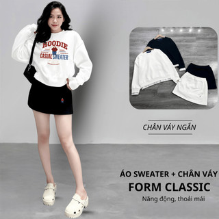 Set Bộ Nỉ Nữ Thu Đông CHEPOL Cổ Tròn, In Chữ, Chất Nỉ Chân Cua Cao Cấp, Dày Dặn(Áo Sweater Trắng + Chân Váy Đen)CP_xx556