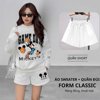 Set Bộ Nỉ Nữ Thu Đông CHEPOL Cổ Tròn, In Mickey, Chất Nỉ Chân Cua Cao Cấp ( Áo Sweater Trắng + Quần Đùi Trắng )-CP_x1752