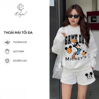 Set Bộ Nỉ Nữ Thu Đông CHEPOL Cổ Tròn, In Mickey, Chất Nỉ Chân Cua Cao Cấp ( Áo Sweater Trắng + Quần Đùi Trắng )-CP_x1752
