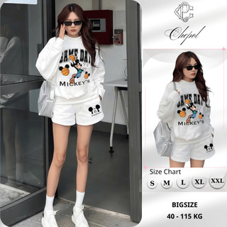 Set Bộ Nỉ Nữ Thu Đông CHEPOL Cổ Tròn, In Mickey, Chất Nỉ Chân Cua Cao Cấp ( Áo Sweater Trắng + Quần Đùi Trắng )-CP_x1752