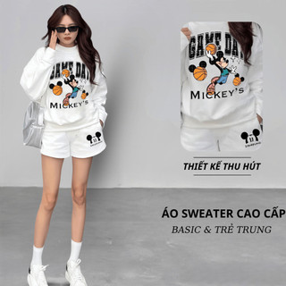 Set Bộ Nỉ Nữ Thu Đông CHEPOL Cổ Tròn, In Mickey, Chất Nỉ Chân Cua Cao Cấp ( Áo Sweater Trắng + Quần Đùi Trắng )-CP_x1752