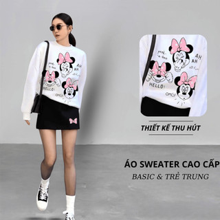 Set Bộ Nỉ Nữ Thu Đông CHEPOL Cổ Tròn, In Mickey, Chất Nỉ Chân Cua Cao Cấp ( Áo Sweater Trắng + Chân Váy Đen ) - CP_14604