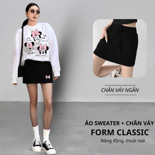 Set Bộ Nỉ Nữ Thu Đông CHEPOL Cổ Tròn, In Mickey, Chất Nỉ Chân Cua Cao Cấp ( Áo Sweater Trắng + Chân Váy Đen ) - CP_14604