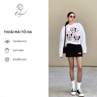 Set Bộ Nỉ Nữ Thu Đông CHEPOL Cổ Tròn, In Mickey, Chất Nỉ Chân Cua Cao Cấp ( Áo Sweater Trắng + Chân Váy Đen ) - CP_14604