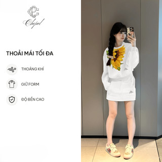 Set Bộ Nỉ Nữ Thu Đông CHEPOL Cổ Tròn, In Hoa, Chất Nỉ Chân Cua Cao Cấp ( Áo Sweater Trắng + Chân Váy Trắng ) - CP_x1077