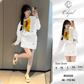 Set Bộ Nỉ Nữ Thu Đông CHEPOL Cổ Tròn, In Hoa, Chất Nỉ Chân Cua Cao Cấp ( Áo Sweater Trắng + Chân Váy Trắng ) - CP_x1077
