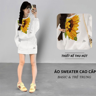 Set Bộ Nỉ Nữ Thu Đông CHEPOL Cổ Tròn, In Hoa, Chất Nỉ Chân Cua Cao Cấp ( Áo Sweater Trắng + Chân Váy Trắng ) - CP_x1077