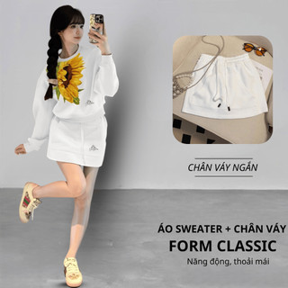 Set Bộ Nỉ Nữ Thu Đông CHEPOL Cổ Tròn, In Hoa, Chất Nỉ Chân Cua Cao Cấp ( Áo Sweater Trắng + Chân Váy Trắng ) - CP_x1077