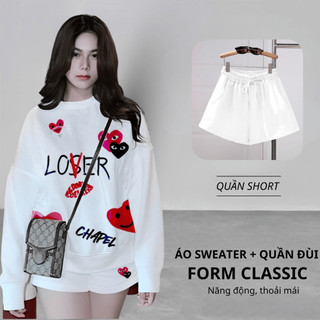 Set Bộ Nỉ Nữ Thu Đông CHEPOL Cổ Tròn, In Love, Chất Nỉ Chân Cua Cao Cấp ( Áo Sweater Trắng + Quần Đùi Trắng ) -CP_xx496