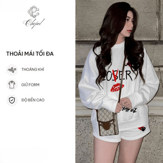 Set Bộ Nỉ Nữ Thu Đông CHEPOL Cổ Tròn, In Love, Chất Nỉ Chân Cua Cao Cấp ( Áo Sweater Trắng + Quần Đùi Trắng ) -CP_xx496