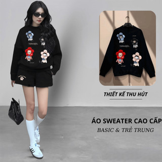 Set Bộ Nỉ Nữ Thu Đông CHEPOL Cổ Tròn, In Hoạt Hình, Chất Nỉ Chân Cua Cao Cấp ( Áo Sweater Đen + Quần Đùi Đen ) -CP_xx381
