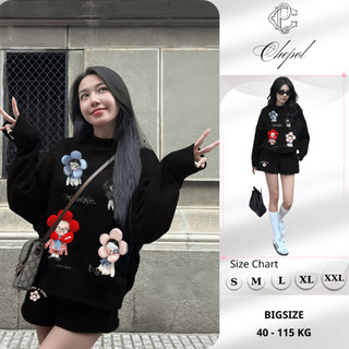 Set Bộ Nỉ Nữ Thu Đông CHEPOL Cổ Tròn, In Hoạt Hình, Chất Nỉ Chân Cua Cao Cấp ( Áo Sweater Đen + Quần Đùi Đen ) -CP_xx381