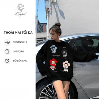 Set Bộ Nỉ Nữ Thu Đông CHEPOL Cổ Tròn, In Hoạt Hình, Chất Nỉ Chân Cua Cao Cấp ( Áo Sweater Đen + Quần Đùi Đen ) -CP_xx381