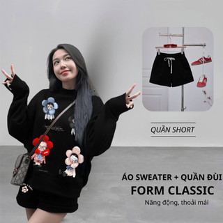 Set Bộ Nỉ Nữ Thu Đông CHEPOL Cổ Tròn, In Hoạt Hình, Chất Nỉ Chân Cua Cao Cấp ( Áo Sweater Đen + Quần Đùi Đen ) -CP_xx381