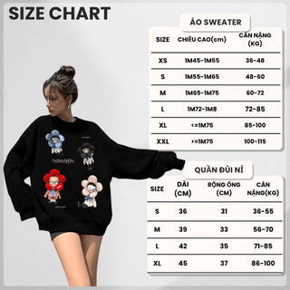 Set Bộ Nỉ Nữ Thu Đông CHEPOL Cổ Tròn, In Hoạt Hình, Chất Nỉ Chân Cua Cao Cấp ( Áo Sweater Đen + Quần Đùi Đen ) -CP_xx381