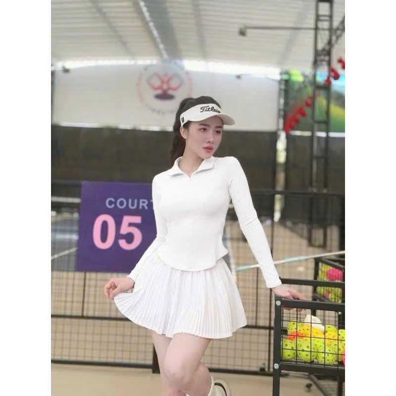 Bộ thể thao nữ, Bộ váy loang áo dài tay chơi Pickleball Golf Tennis Cầu lông Hàng QC cao cấp