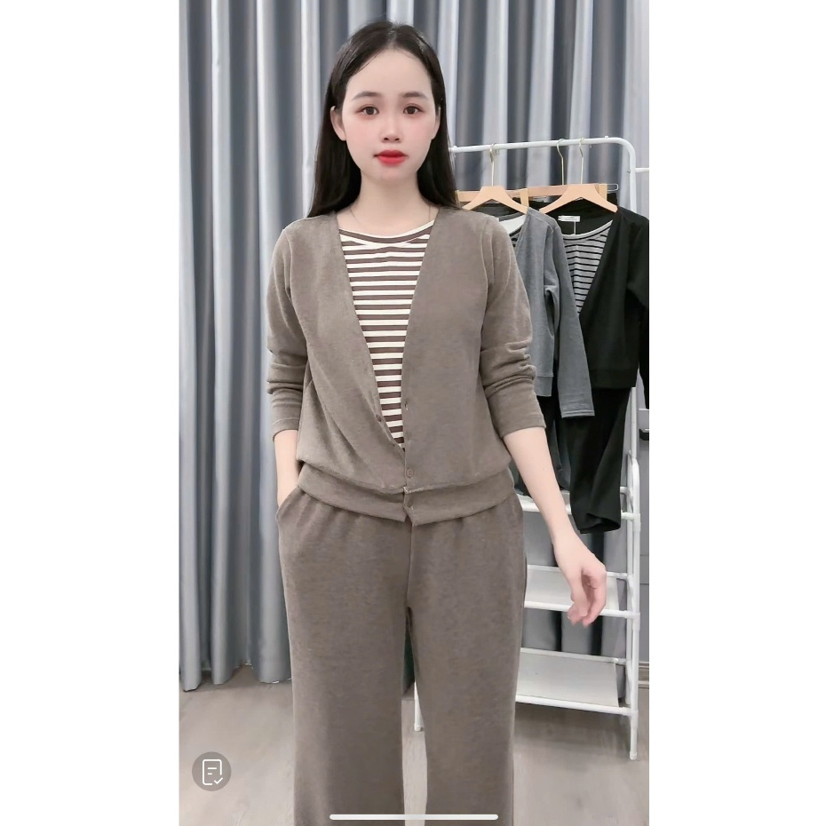 2026. [QUẦN SUÔNG THỎ- Áo CADIGAN PHỐI] Sét áo chất lông thỏ phối liền KẺ+ quần baggy thô kaki.