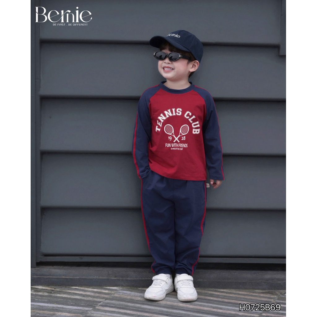 Bộ cotton dài tay Tennis Bernie thiết kế raglan can sọc nổi bật cho bé trai 9-28kg