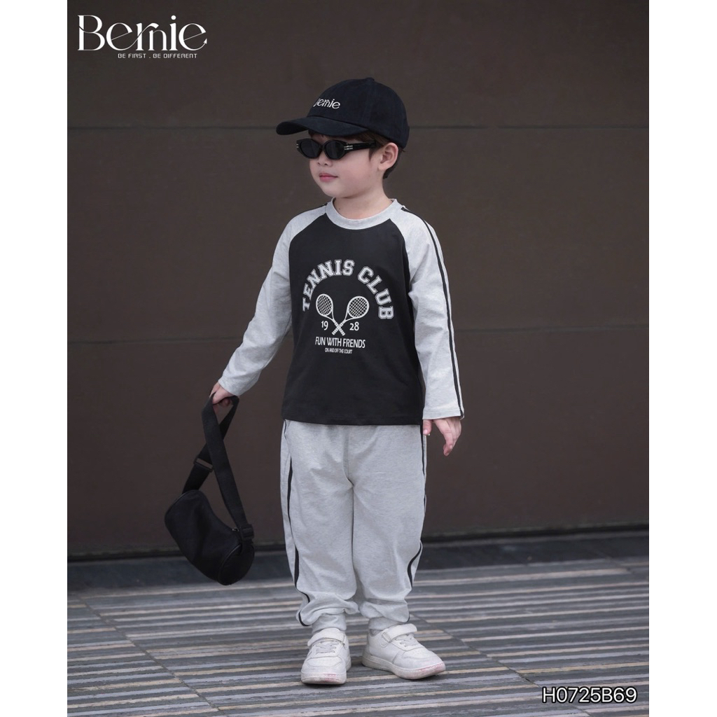Bộ cotton dài tay Tennis Bernie thiết kế raglan can sọc nổi bật cho bé trai 9-28kg