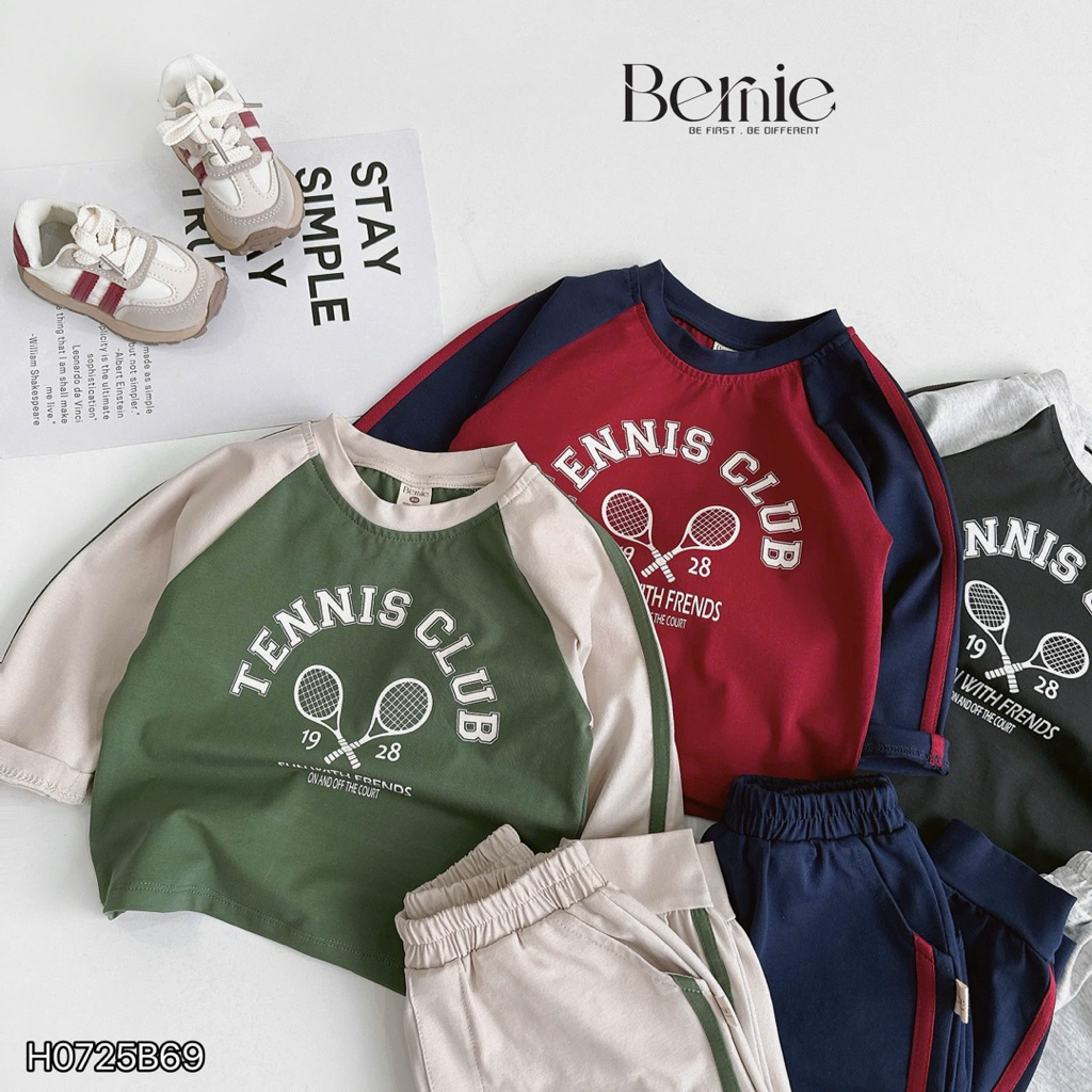 Bộ cotton dài tay Tennis Bernie thiết kế raglan can sọc nổi bật cho bé trai 9-28kg