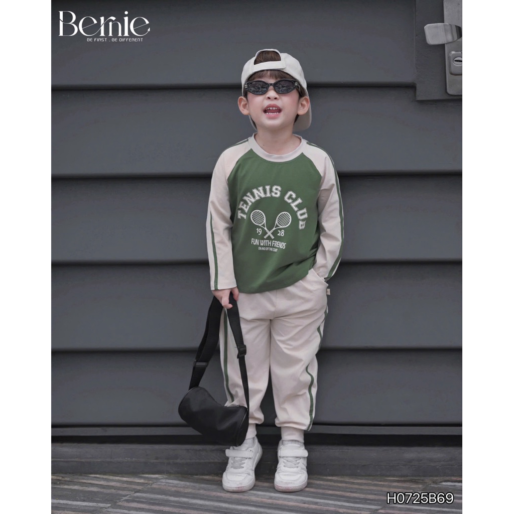 Bộ cotton dài tay Tennis Bernie thiết kế raglan can sọc nổi bật cho bé trai 9-28kg