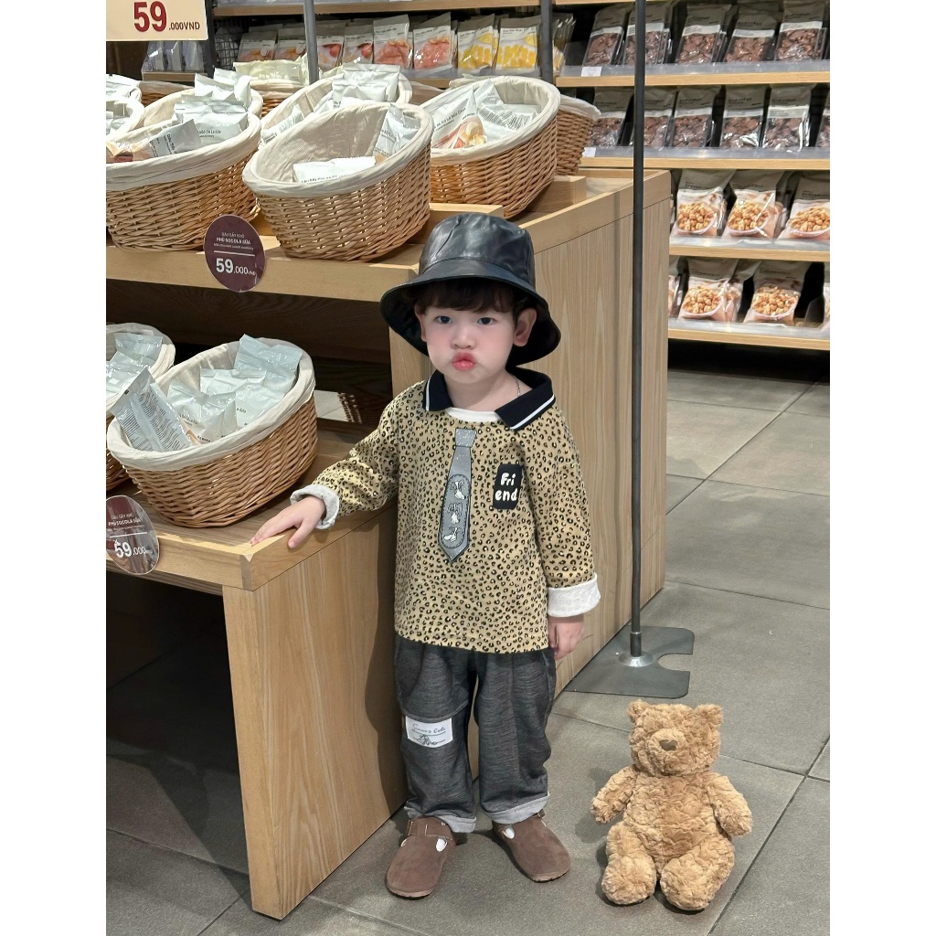 Set bộ dài tay bé trai 1-6 tuổi Miniumbaby in hình cổ cà vạt dễ thương, chất cotton mềm mịn SB2520