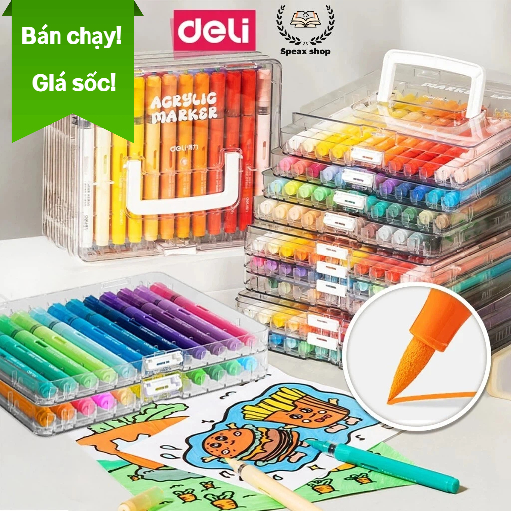 [BÁN CHẠY]Bút Acrylic Marker Deli 24/36/48/60 màu – Vẽ quần áo không phai, trang trí bullet journal, đầu lông mềm