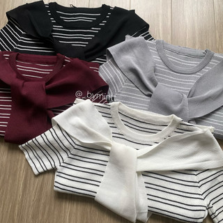 GANI SET | Set 2 món áo thun kẻ ngang, kèm khăn choàng vai phong cách năng động, basic, trend | Bymintt