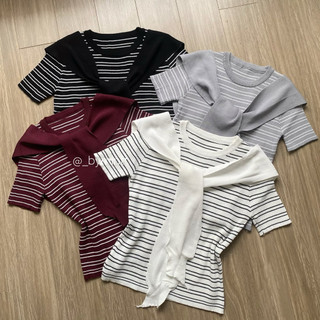 GANI SET | Set 2 món áo thun kẻ ngang, kèm khăn choàng vai phong cách năng động, basic, trend | Bymintt
