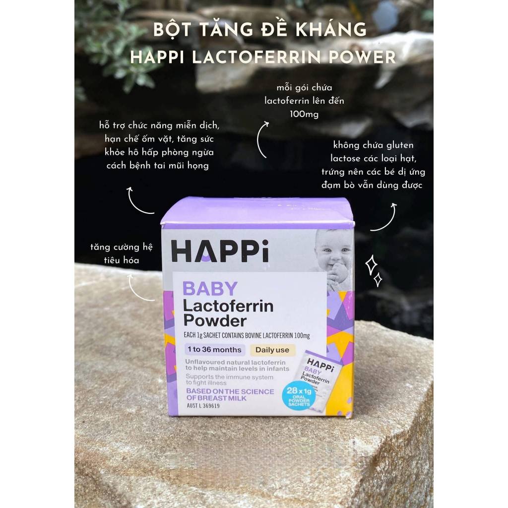 [Có tem phụ]. Bột hỗ trợ đề khág, miễn dịch cho bé từ 1- 36 tháng HAPPi chứa LACTOFERRIN 28 gói