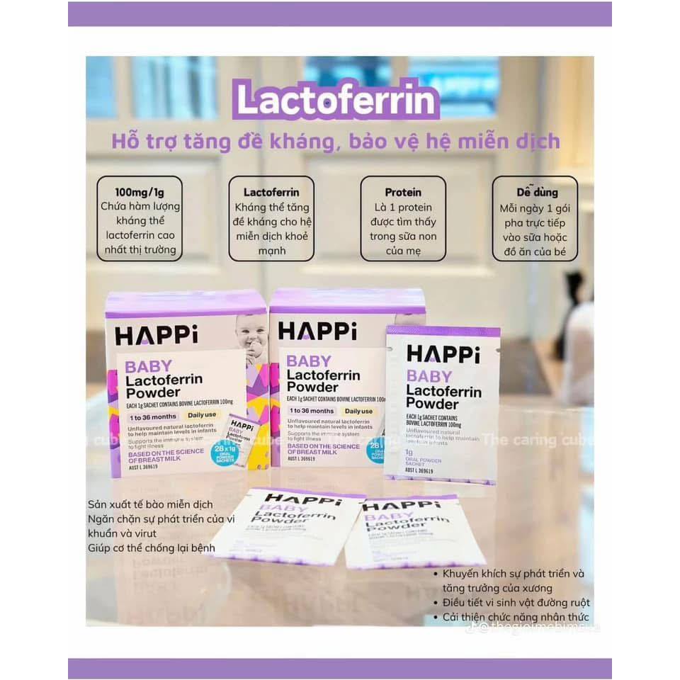 [Có tem phụ]. Bột hỗ trợ đề khág, miễn dịch cho bé từ 1- 36 tháng HAPPi chứa LACTOFERRIN 28 gói